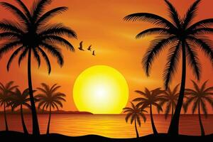 Gradient beach sunset landscape with palm tree background vector