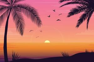 Gradient beach sunset landscape with palm tree background vector