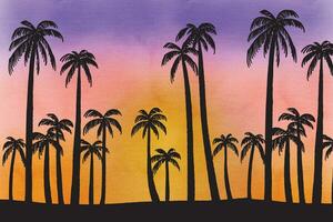 Gradient beach sunset landscape with palm tree background vector