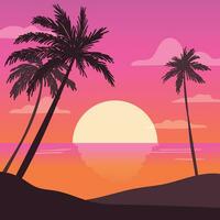 Gradient beach sunset landscape with palm tree background vector