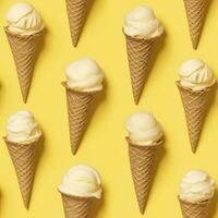 AI generated Ice Cream pattern on yellow background, top view. AI Generated photo