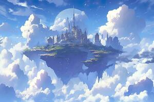 AI generated Ancient Heavenly Floating island in the sky with a castle, vibrant, fantasypunk, AI Generative photo