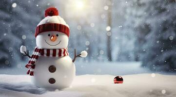 AI generated Happy snowman in the winter scenery. AI Generated photo