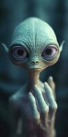 AI generated An extraordinary portrait of unknown adorable alien species over an alien finger, a style of high alien fashion. AI Generative photo