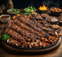 AI generated grilled pork ribs with spicy sauce on wooden board, closeup photo