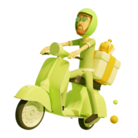 3d illustration. cute cartoon character, young man courier delivery service on motorbike on transparent png background.