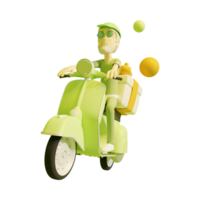 3d illustration. cute cartoon character, young man courier delivery service on motorbike on transparent png background.