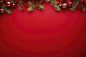 AI generated Christmas or New Year red background with fir decor. AI Generated photo