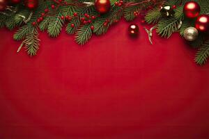 AI generated Christmas or New Year red background with fir decor. AI Generated photo