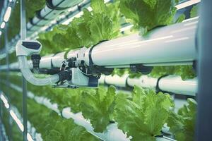 AI generated Automatic Agricultural Technology With Close-up View Of Robotic Arm Harvesting Lettuce In Vertical Hydroponic Plant. AI Generated photo
