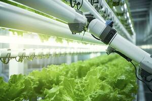 AI generated Automatic Agricultural Technology With Close-up View Of Robotic Arm Harvesting Lettuce In Vertical Hydroponic Plant. AI Generated photo