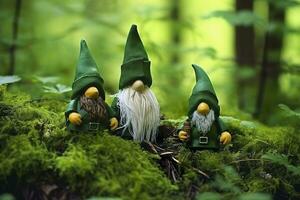 AI generated Toy Irish gnomes in a mystery forest, abstract green natural background. Generative AI photo