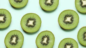 AI generated Slices of kiwi fruit and green mint leaves on a light pastel blue background. AI Generated photo