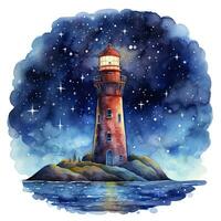 AI generated Lighthouse beside the sea at Night. watercolor for T-shirt design. AI Generated photo