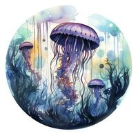 AI generated Jellyfish in an underwater landscape in a circle. AI Generated photo