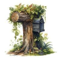 AI generated Watercolor mailbox in a tree on a white background. AI Generated photo