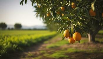 AI generated An orange tree is in the foreground with a farm field background. Generative AI photo