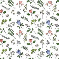 Floral seamless pattern. White vector background with cute hand drawn flowers, leaf elements. Decorative plants repeat illustration