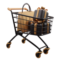 3d illustratie van boodschappen doen karren concept of trolley met geschenk dozen zwart vrijdag element Aan transparant achtergrond png