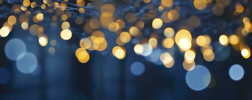 AI generated holiday illumination and decoration concept, Christmas garland bokeh lights over dark blue background. AI Generated photo