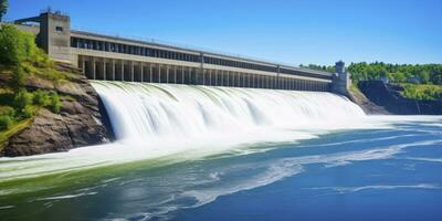 ai generado hidroeléctrico represa generando verde energía desde fluido agua. ai generado. foto