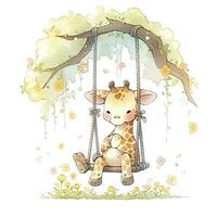 AI generated Cute baby giraffe on swings on the tree in watercolor style. AI Generated photo