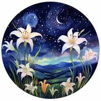 AI generated Watercolor fairy lilies blooming under a starry night sky on a white background. AI Generated photo