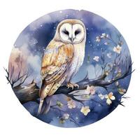 AI generated Watercolor magical owl sitting on a tree branch for T-shirt Design. AI Generated photo