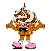 Cute cupcake character in retro cartoon style. Vector illustration of a sweets mascot with a cheerful face, arms, legs.