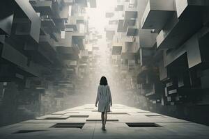 AI generated Woman walking in futuristic brutalist city street.  AI Generated. photo