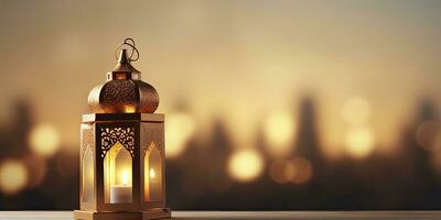 AI generated Celebration of islamic eid mubarak and eid al adha lantern in a light background. AI Generated photo