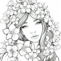 AI generated A girl on a coloring book page with Jasmine flowers. AI Generated photo