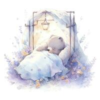 AI generated A sleepy baby bear in a bedding. watercolor illustration. AI Generated photo