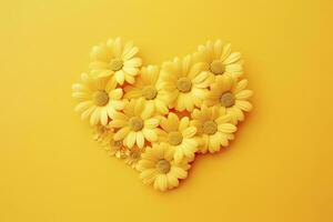 AI generated Yellow Heart Shaped By Yellow Daisies Over Yellow Background. AI Generated photo