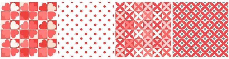 A set of seamless patterns with abstract hearts, on the background of geometric grid squares. Vector graphics.
