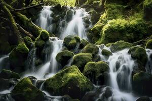 AI generated Waterfall landscape with rocks covered in green moss. AI Generated photo