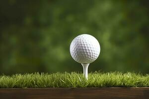 ai generado blanco golf pelota en de madera tee con césped. generativo ai foto