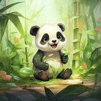 AI generated Cute panda in the middle of a bamboo forest. T-shirt design. AI Generated photo