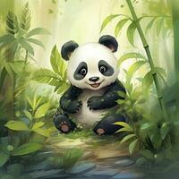 AI generated Cute panda in the middle of a bamboo forest. T-shirt design. AI Generated photo