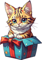 ai generiert Katze Innerhalb Blau Weihnachten Geschenk Box Karikatur png