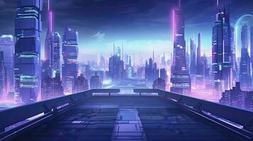 ai generado un futurista, cyberpunk inspirado paisaje urbano a noche. ai generado foto