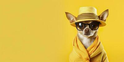 AI generated Cool looking Chihuahua dog wearing funky fashion dress. space for text right side. Generative AI photo