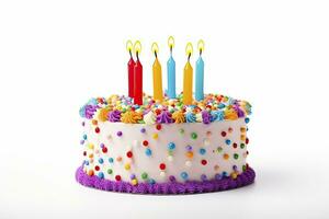 AI generated Colourful birthday cake with candles isolated on white background. AI Generated photo