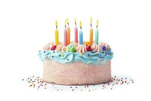 ai generado vistoso cumpleaños pastel con velas aislado en blanco antecedentes. ai generado foto