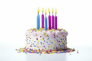 AI generated Colourful birthday cake with candles isolated on white background. AI Generated photo