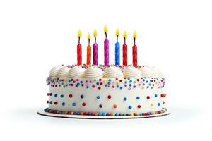 AI generated Colourful birthday cake with candles isolated on white background. AI Generated photo