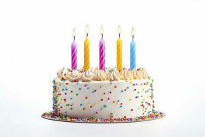 AI generated Colourful birthday cake with candles isolated on white background. AI Generated photo