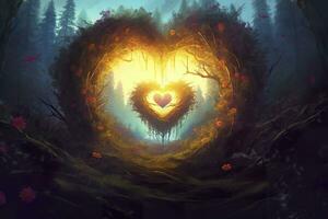 AI generated Colorful fantasy heart, light beam, green forest field. Generative AI photo