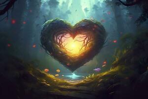 AI generated Colorful fantasy heart, light beam, green forest field. Generative AI photo
