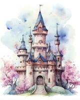 AI generated Colorful watercolor kawaii castle isolated on white background. AI Generated photo